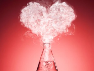Beaker in science laboratory with heart-shaped gas representing this Valentine's Day blog post by Sharon Halliday.