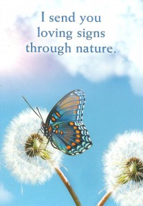 The “I send you loving signs through nature” card is from the Talking to Heaven mediumship deck by Doreen Virtue and James Van Praagh 2013. It provides comfort and clarity for people connecting with deceased loved ones.