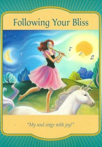 The Following Your Bliss card is from Denise Linn’s Gateway Oracle deck. It was drawn to help answer a question about finding Mr Right and true love.