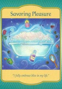 The Savouring Pleasure card is from Denise Linn’s Gateway Oracle deck. It was drawn to help answer a question about how to de-stress and unwind while waiting for a holiday.