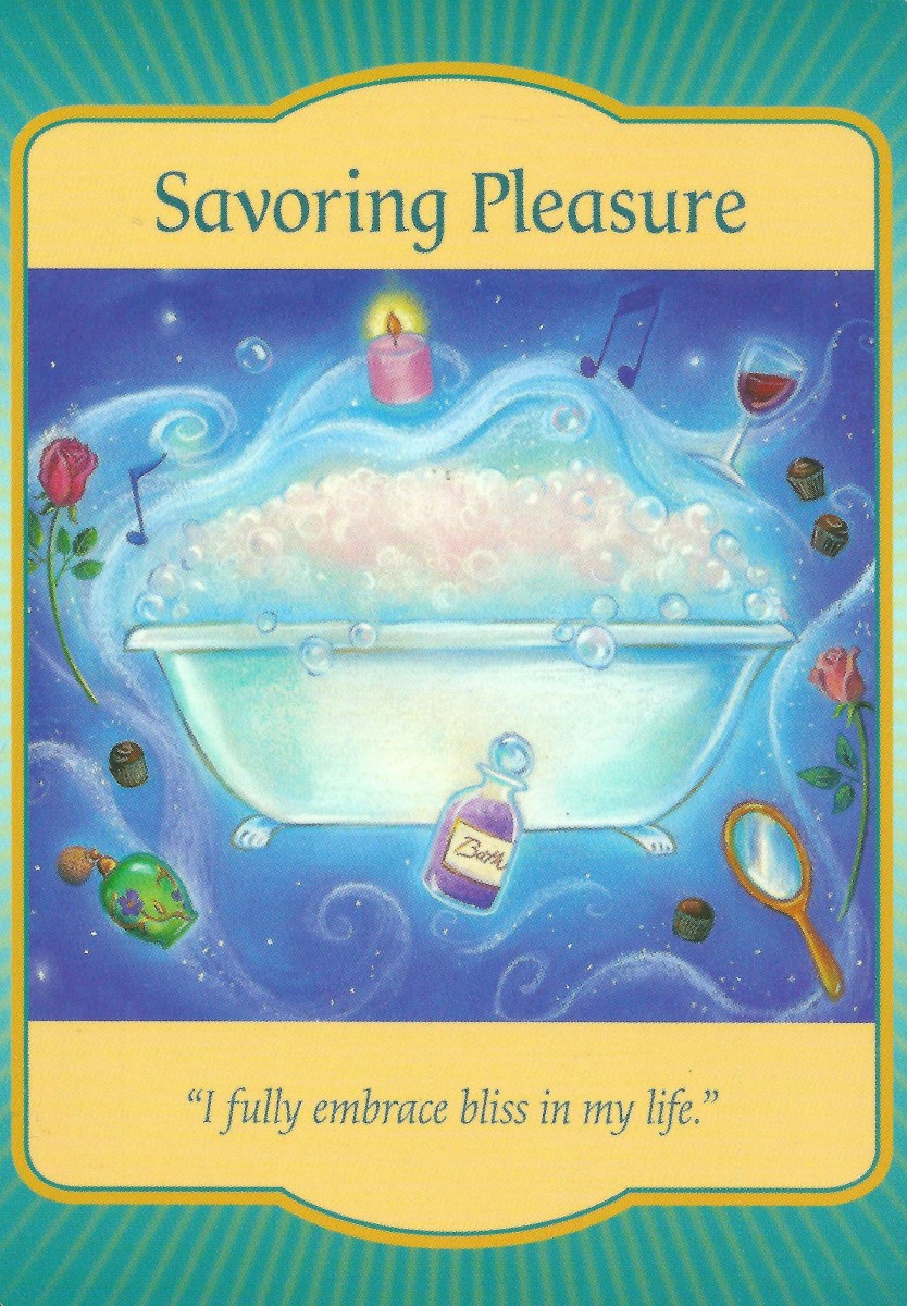 The Savouring Pleasure card is from Denise Linn’s Gateway Oracle deck. It was drawn to help answer a question about how to de-stress and unwind while waiting for a holiday.