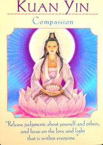 The “Compassion” card from Doreen Virtue’s Goddess Guidance Oracle Cards was drawn to help answer a mother's question about juggling parenthood & work by encouraging balance & compassion.