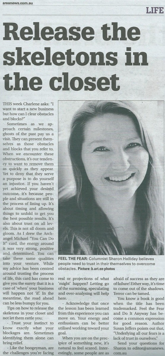 This Ask Sharon (angel intuitive) column in The Area News on Friday 30 October, 2015 answers a reader’s question about a new business with advice to feel the fear and do it anyway.