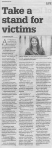 This Ask Sharon (angel intuitive) column in The Area News on Friday 20 November, 2015 urges locals to take a stand against violence by doing the Walk A Mile in Her Shoes march.