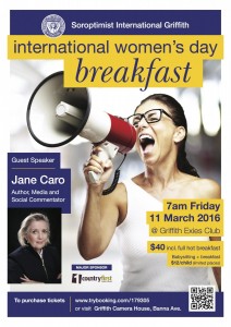 The Soroptimist International invitation to the 2016 International Women’s Day Breakfast in Griffith on 11 March. 